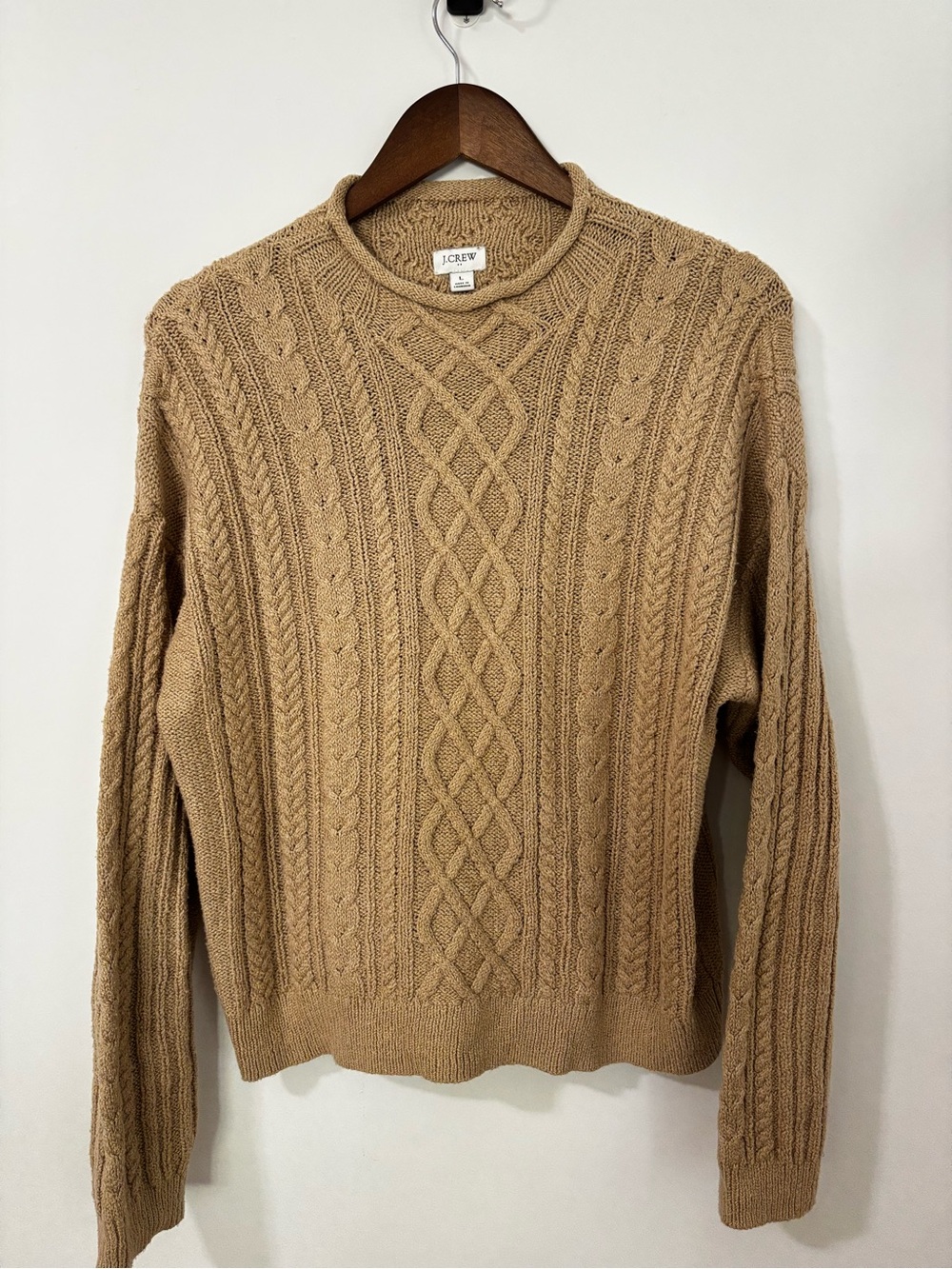 J.Crew Cable Knit Rolled Neck Sweater Large Tan Cotton Blend Fisherman Knit